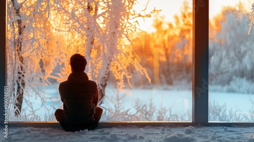 A beautiful frostcovered window overlooking a snowy landscape with faint rays of sunlight streaming through. In the foreground a person sits in their infrared sauna enjoying the warmth. photo