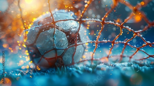 A 3D illustration capturing the moment a soccer ball enters the goal, with light flashes in the background.