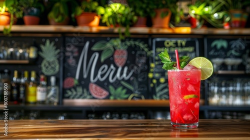 A beautifully handpainted chalkboard sign displaying the mocktail menu of the day with creative and unique blends to choose from.