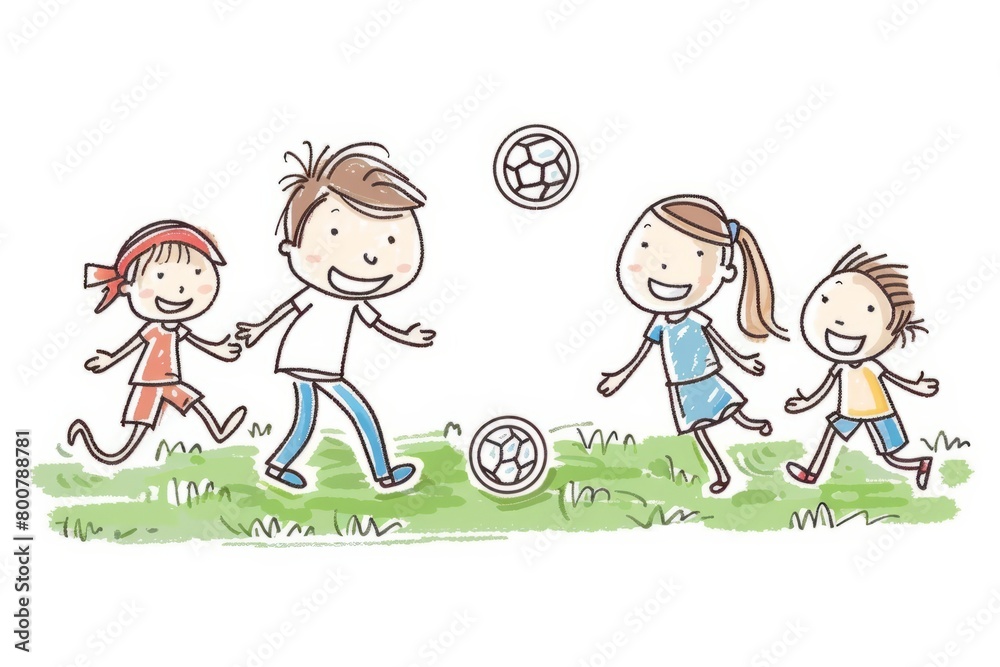 Cartoon cute doodles of a family playing a game of soccer at the park, with parents and children kicking the ball around and having fun, Generative AI