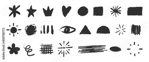 basic geometric scratch shapes set. Hand drawn Noise grunge pencil charcoal or crayon texture figures collection vector illustration