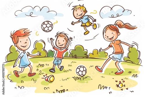 Cartoon cute doodles of a family playing a game of soccer at the park, with parents and children kicking the ball around and having fun, Generative AI