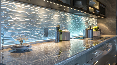 An exquisitely detailed modern kitchen, where a textured glass backsplash casts a soft glow over quartz countertops, and every drawer and cupboard reveals a meticulously organized space, 