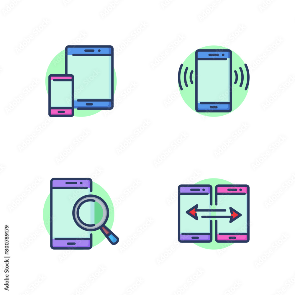 Mobile phone icon set. Phone ringing with vibration, tablet and smartphone, information searching on Internet, data synchronization. Mobile phone function concept. Vector illustration web design app Mobile phone icon set. Phone ringing with vibration, tablet and smartphone, information searching on Internet, data synchronization. Mobile phone function concept. Vector illustration web design app