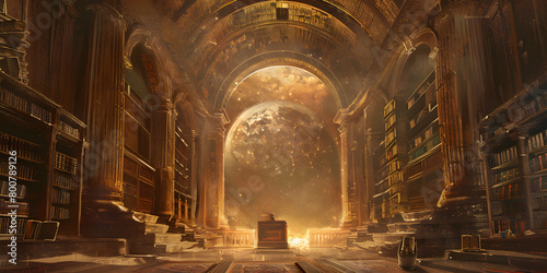 An artistic representation of concept very classic and elegant painting of a old interior, background illustration A majestic virtual amphitheater where virtual concerts and performances.
