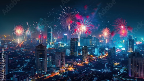 Fireworks over the city background. Happy 4th of July of Independent day for holiday celebrations. background. For USA Labor day celebration. With Happy Labor Day Weekend text.