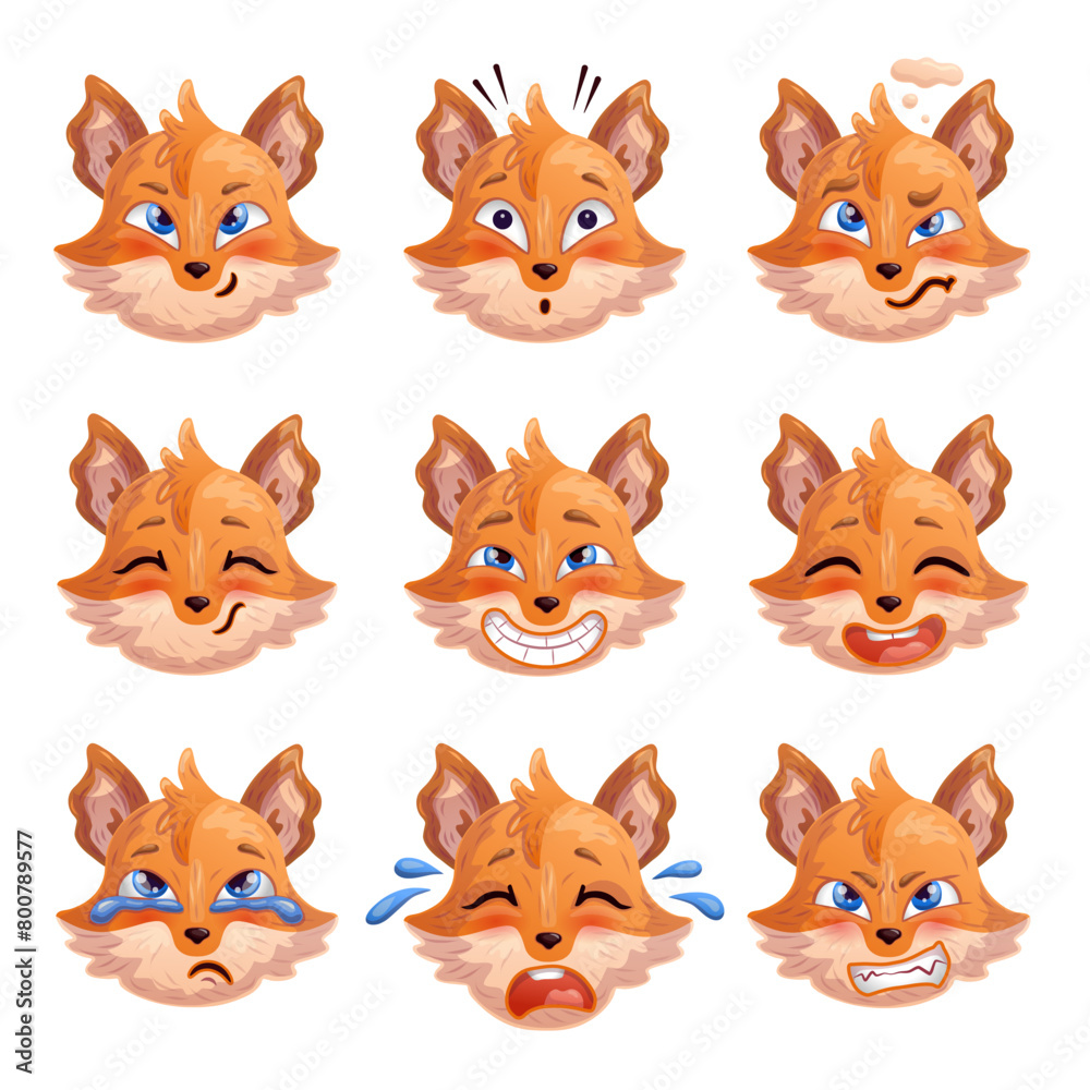 Set of cartoon fox emoticons. Vector illustration.
