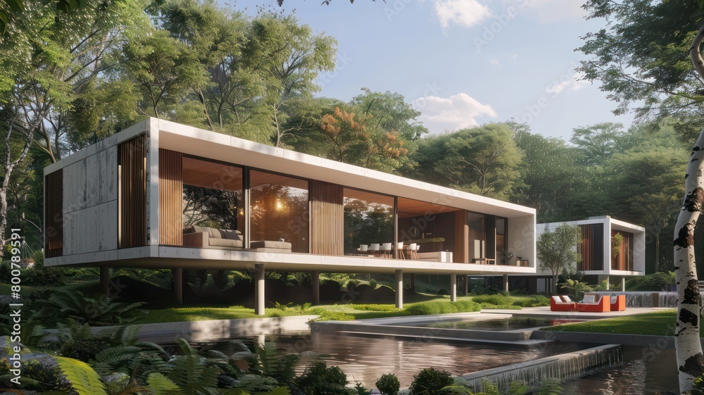 Exterior view of multiple modern house. Architecture 3d rendering of minimal modern house with natural landscape. Front of modern House background.