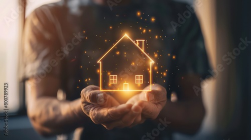 Hand and house with coins stacked next to it, home loan concept,Real estate investment concept. Man touch house icon for analyzing home loan and insurance Handing over house key. Generated AI