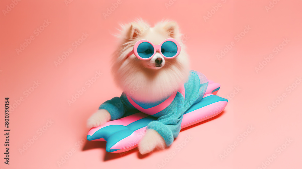 Funny dog wearing summer fashion on pastel background with copy space. Summer Vacation Concept. Funny dog wearing summer fashion on pastel background with copy space. Summer Vacation Concept.