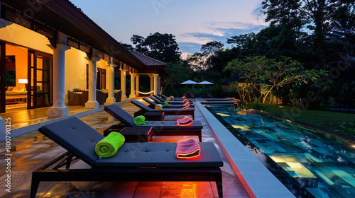 The exterior of a luxury pool home at twilight, the pool illuminated by underwater lights. The sunbeds, each with a neon-colored beach towel, add a vibrant touch to the scene,