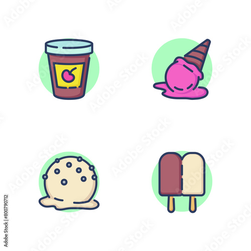 Melting ice cream line icon set. Double ice cream on stick  bucket with cherry  fallen cone  melting bubble. Unusual ice cream concept. Vector illustration for web design and apps