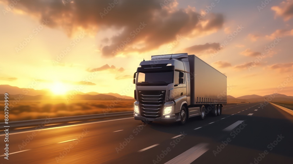 Truck logistic driving on the asphalt road on highway on sunset background