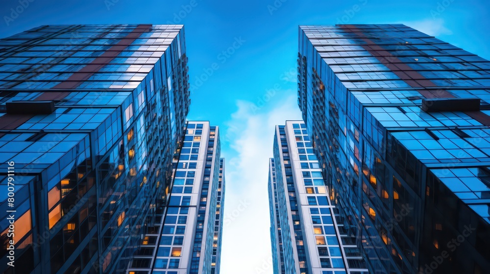 two tall, blue buildings with windows in the sky