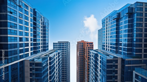 two tall  blue buildings with windows in the sky
