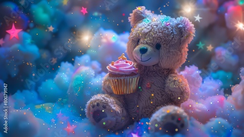 Cute bear holding a cupcake in a zerogravity playroom, surrounded by stars