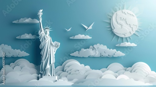 Statue of Liberty, Artistically depicted in a paper-cut  background. Happy 4th of July of Independent day for holiday celebrations. background. For USA Labor day celebration. With Happy Labor Day Week