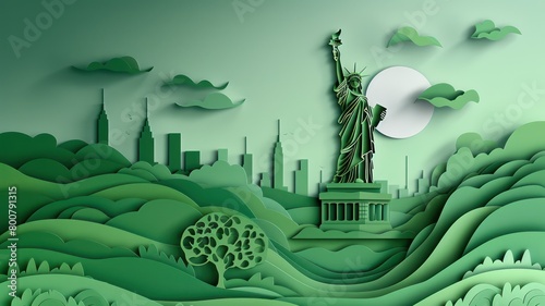 Statue of Liberty, Artistically depicted in a paper-cut  background. Happy 4th of July of Independent day for holiday celebrations. background. For USA Labor day celebration. With Happy Labor Day Week