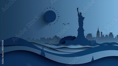Statue of Liberty, Artistically depicted in a paper-cut  background. Happy 4th of July of Independent day for holiday celebrations. background. For USA Labor day celebration. With Happy Labor Day Week