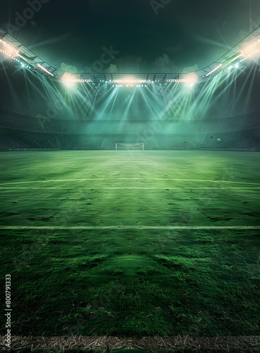 A green soccer field illuminated by bright spotlights for night games.