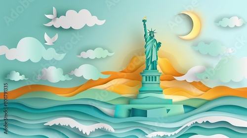 Statue of Liberty, Artistically depicted in a paper-cut  background. Happy 4th of July of Independent day for holiday celebrations. background. For USA Labor day celebration. With Happy Labor Day Week