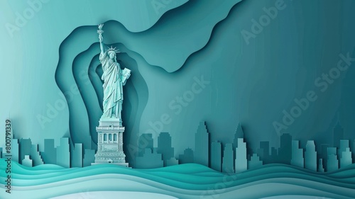 Statue of Liberty, Artistically depicted in a paper-cut  background. Happy 4th of July of Independent day for holiday celebrations. background. For USA Labor day celebration. With Happy Labor Day Week