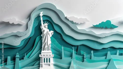 Statue of Liberty, Artistically depicted in a paper-cut  background. Happy 4th of July of Independent day for holiday celebrations. background. For USA Labor day celebration. With Happy Labor Day Week