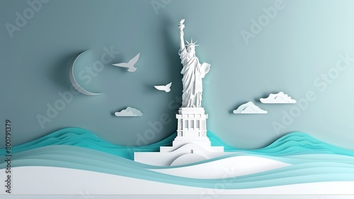 Statue of Liberty, Artistically depicted in a paper-cut  background. Happy 4th of July of Independent day for holiday celebrations. background. For USA Labor day celebration. With Happy Labor Day Week
