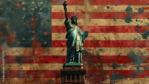 the statue of liberty, the background is the American flag, Happy 4th of July of Independent day for holiday celebrations. background. For USA Labor day celebration. With Happy Labor Day.