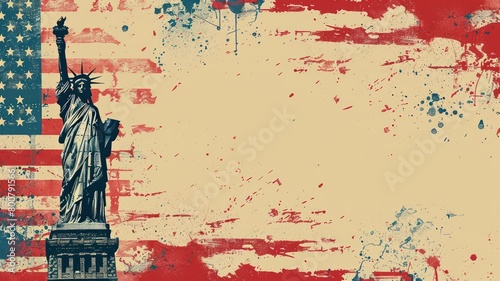 The American flag and the minimalist background of the Statue of Liberty. Happy 4th of July of Independent day for holiday celebrations. background. For USA Labor day celebration. With Happy Labor Day