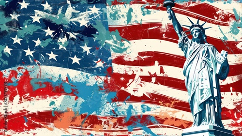 The American flag and the minimalist background of the Statue of Liberty. Happy 4th of July of Independent day for holiday celebrations. background. For USA Labor day celebration. With Happy Labor Day