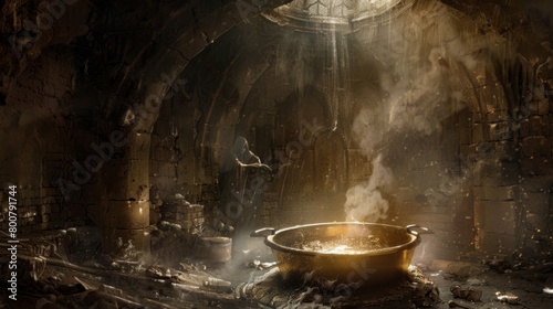 In a hidden chamber underneath the workrooms a bubbling cauldron emits an eerie glow as a mysterious figure carefully pours in rare . . photo