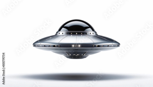A UFO alien spaceship flying saucer with a high-gloss sleek metallic finish on a pure white background