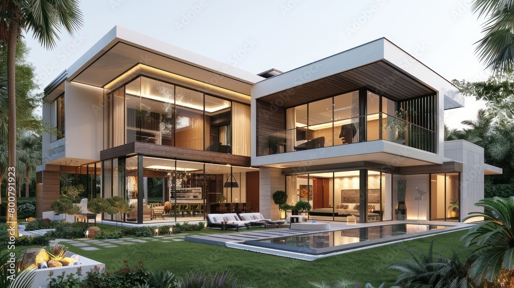 Exterior view of multiple modern house. Architecture 3d rendering of minimal modern house with natural landscape. Perspective of modern House background. Exterior view of multiple modern house. Architecture 3d rendering of minimal modern house with natural landscape. Perspective of modern House background.