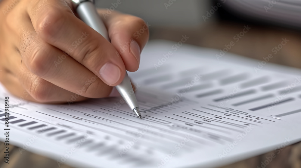 Focused view of a person's hand using a silver pen to mark answers on a detailed optical test sheet, reflecting academic evaluation.
Focused view of a person's hand using a silver pen to mark answers on a detailed optical test sheet, reflecting academic evaluation.