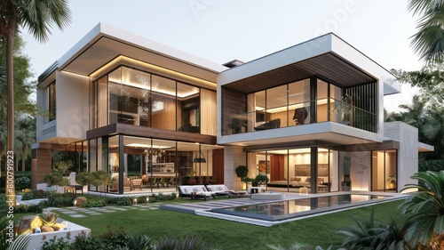 Exterior view of multiple modern house. Architecture 3d rendering of minimal modern house with natural landscape. Perspective of modern House background.