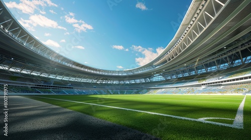 A digitally crafted soccer stadium in a surreal setting, depicted in 3D.