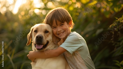 Joyful Embrace of a Boy and His Loyal Labrador Retriever in Warm Afternoon Sunlight
