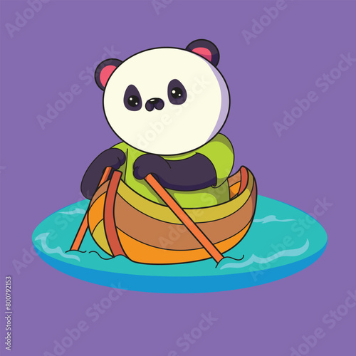 a drawing of a panda bear is riding a wooden boat he holds a wooden paddle above the blue nair photo