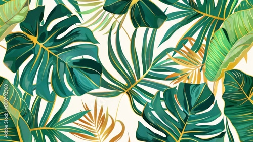 Tropical leaves and palm patterns, a seamless background with monstera leaves