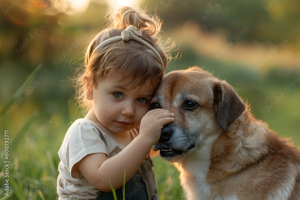 Tender Moment of Toddler Affectionately Petting Loyal Dog in Serene Meadow Setting