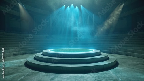 A podium positioned in the center of a stadium, surrounded by rows of empty seats and flashes of light, ideal for product presentations.