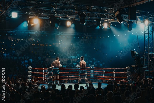 Feel the energy pulsating through the air as two fighters face off in the center of the boxing arena, the crowd roaring with anticipation, Generative AI 
