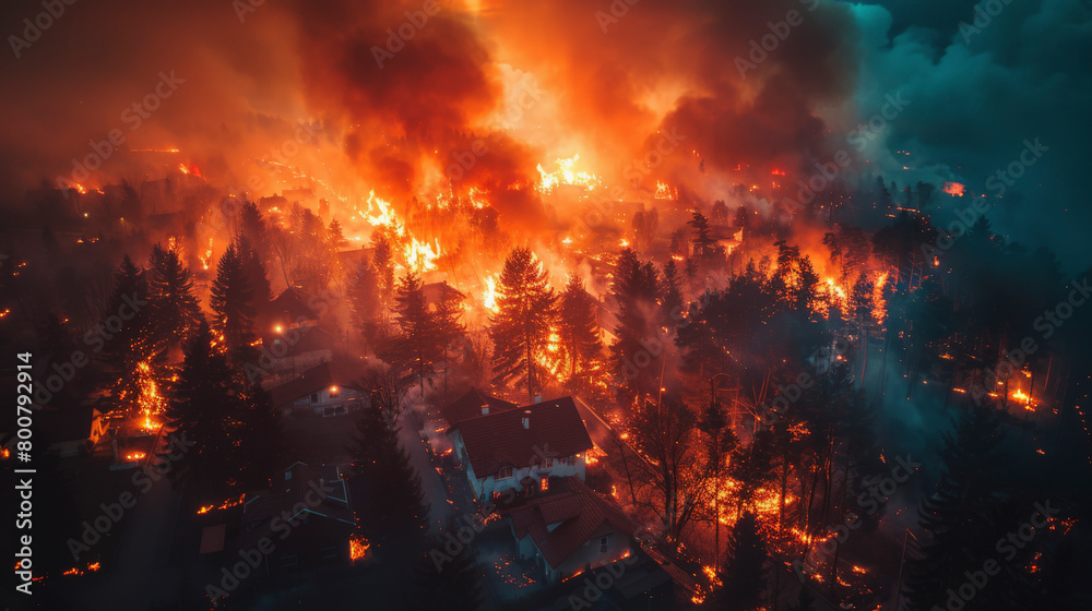 A devastating wildfire engulfs a residential area at night, with flames consuming homes and trees under a smoke-filled sky.