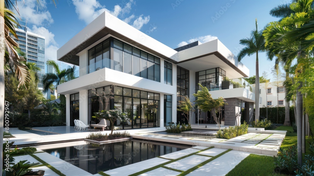 Fototapeta premium Facade of a two-story luxury modern house with swimming pool. With large glass windows, white wall.