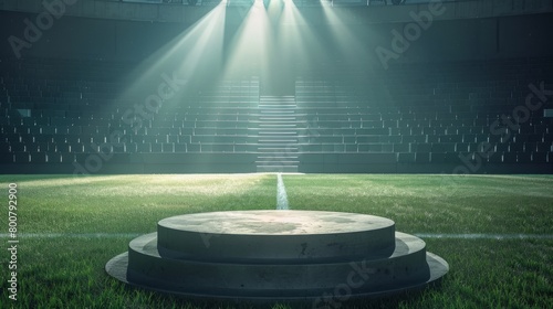 A podium positioned in the center of a stadium, surrounded by rows of empty seats and flashes of light, ideal for product presentations.