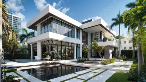 Facade of a two-story luxury modern house with swimming pool. With large glass windows, white wall. © Khoirul