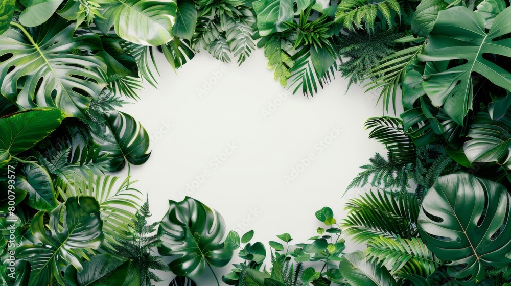 Green plants border a blank banner for text Green plants border a blank banner for text