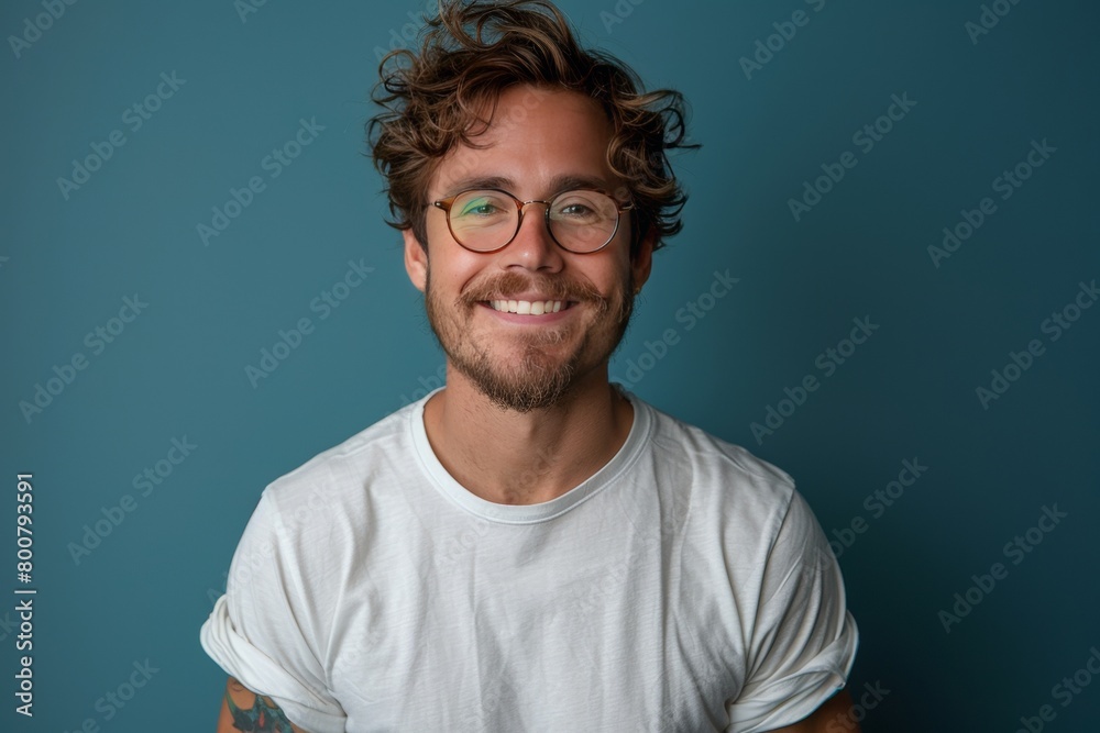 Portrait of a handsome young man in glasses on a blue background Portrait of a handsome young man in glasses on a blue background