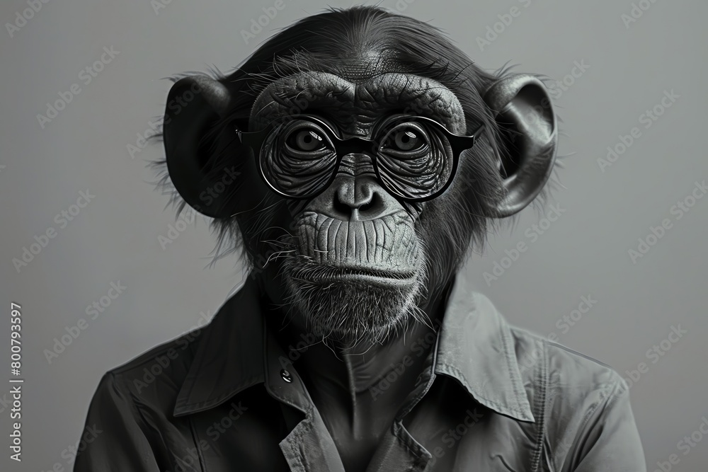 A close up portrait of a chimpanzee wearing horn-rimmed glasses. The chimp is looking at the camera with a serious expression. The image is in black and white. A close up portrait of a chimpanzee wearing horn-rimmed glasses. The chimp is looking at the camera with a serious expression. The image is in black and white.